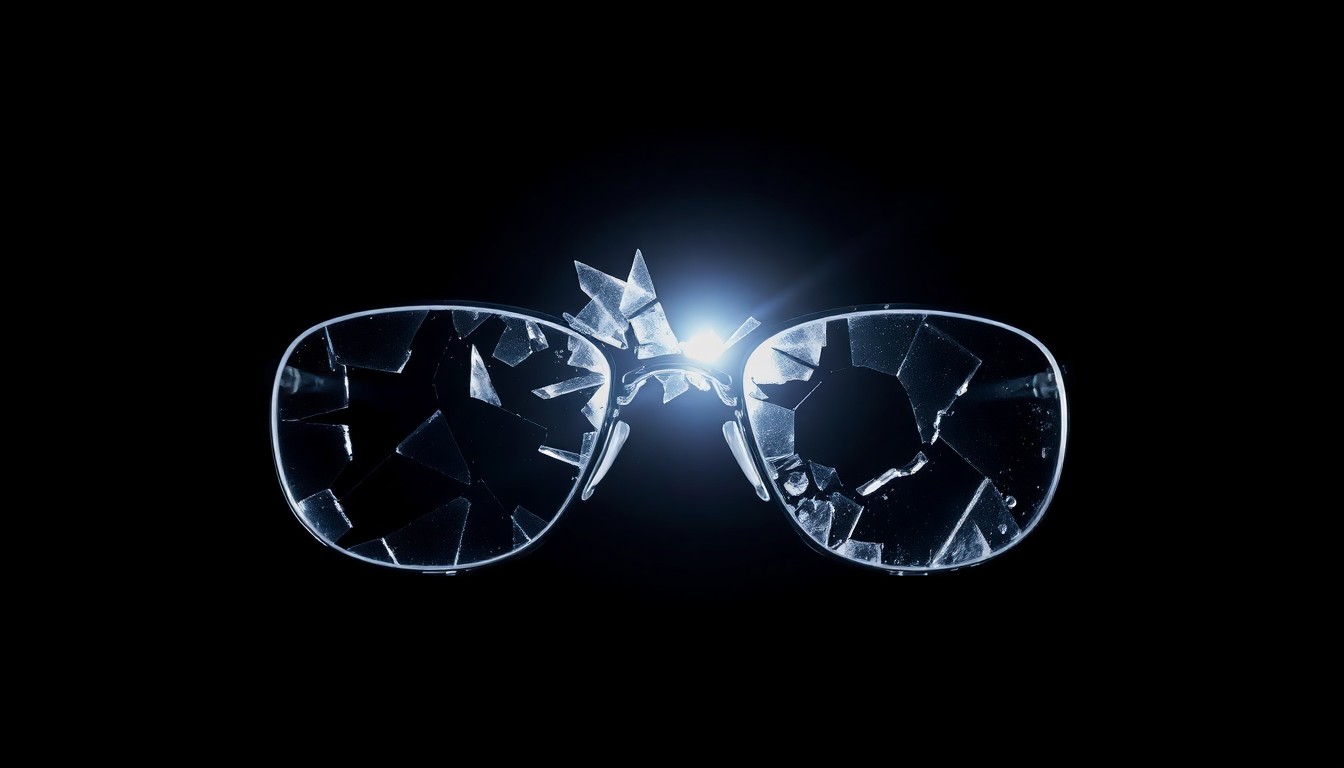 An extreme close-up photograph of a shattered pair of eyeglasses against a pitch-black background, conceptually representing the trauma and violation experienced by victims of child sexual abuse.