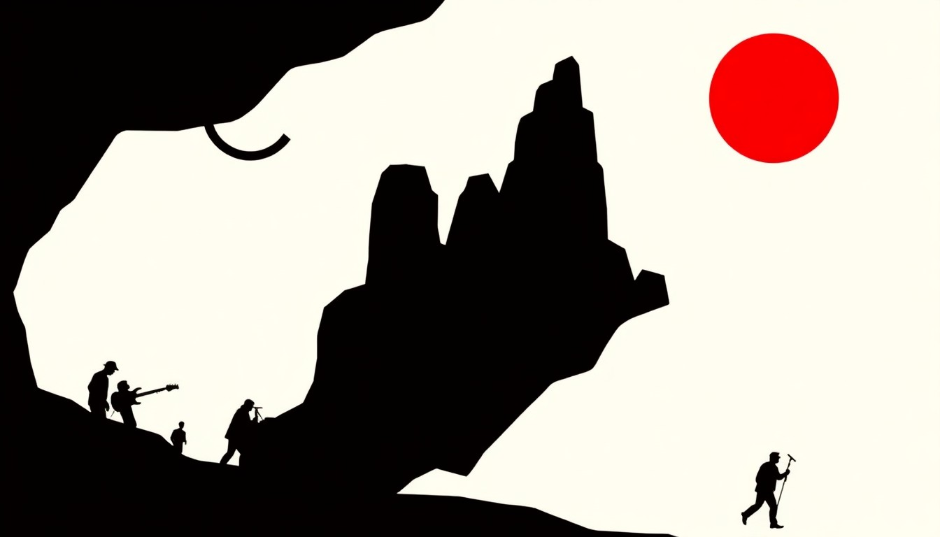 A minimalist, abstract illustration featuring bold, jagged geometric shapes in deep red and stark black, conceptually representing the energy and community of the Topanga Days music festival.