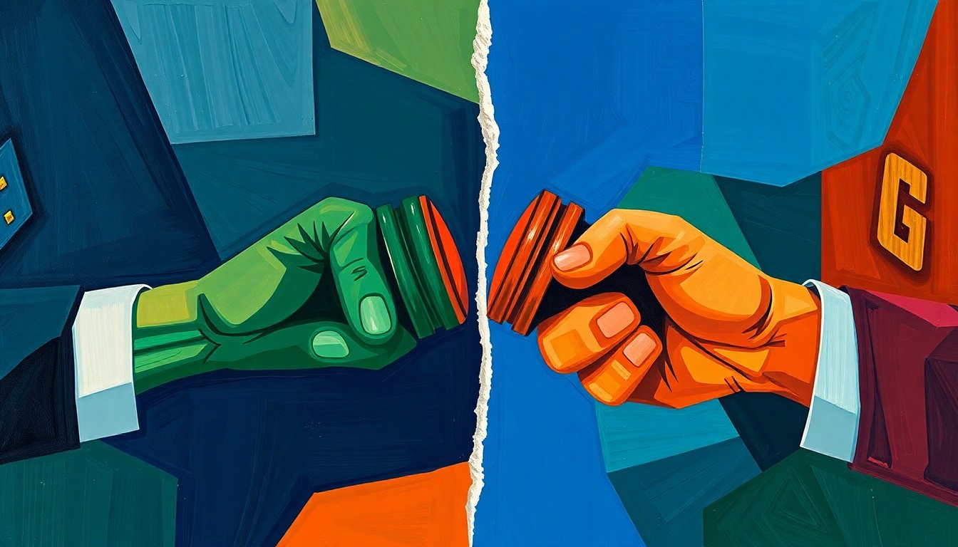 A vibrant, abstract painting featuring overlapping, fractured geometric shapes in shades of blue, green, and orange, conceptually representing the political conflict and power struggles in the Georgia legislature.
