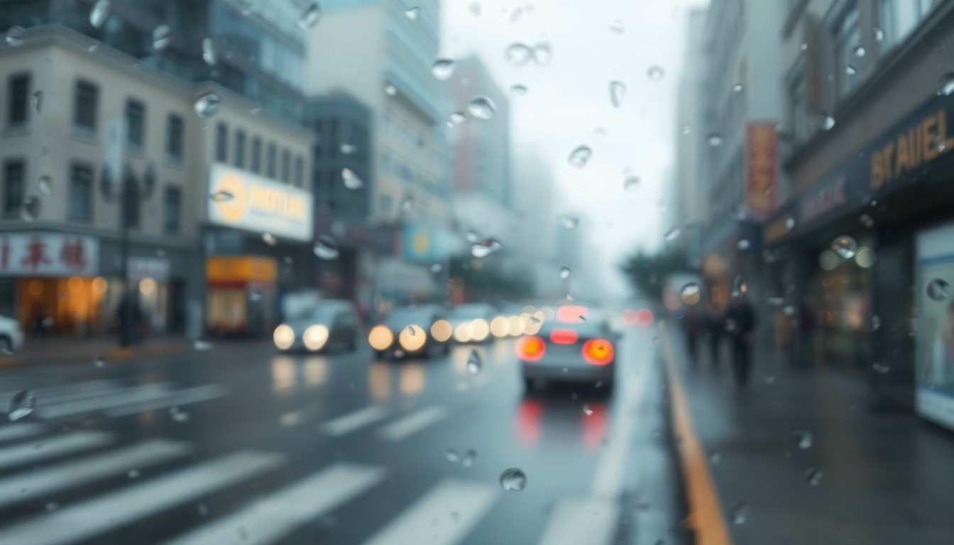 An abstract, impressionistic photograph of a blurred city street scene with muted colors and soft pools of light, conveying the atmospheric mood of an unexpected infrastructure disruption.