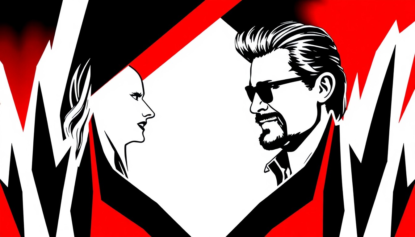 An abstract composition of stark, angular black shapes against a bright red background, conveying a sense of competition and triumph.