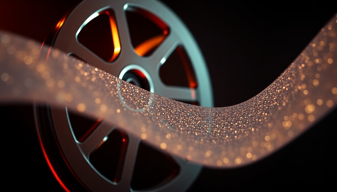 An extreme close-up of a coiled movie film reel reflecting dramatic studio lighting, creating a high-fashion, glamorous aesthetic that evokes the allure of the entertainment industry.