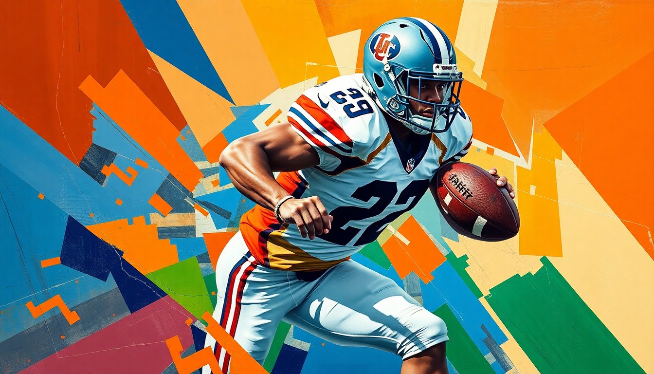 A cubist-style painting depicting a college football tight end in action, with the player's body broken down into sharp, overlapping geometric shapes in vibrant orange, blue, and green colors, conveying the idea of a versatile, multifaceted player.