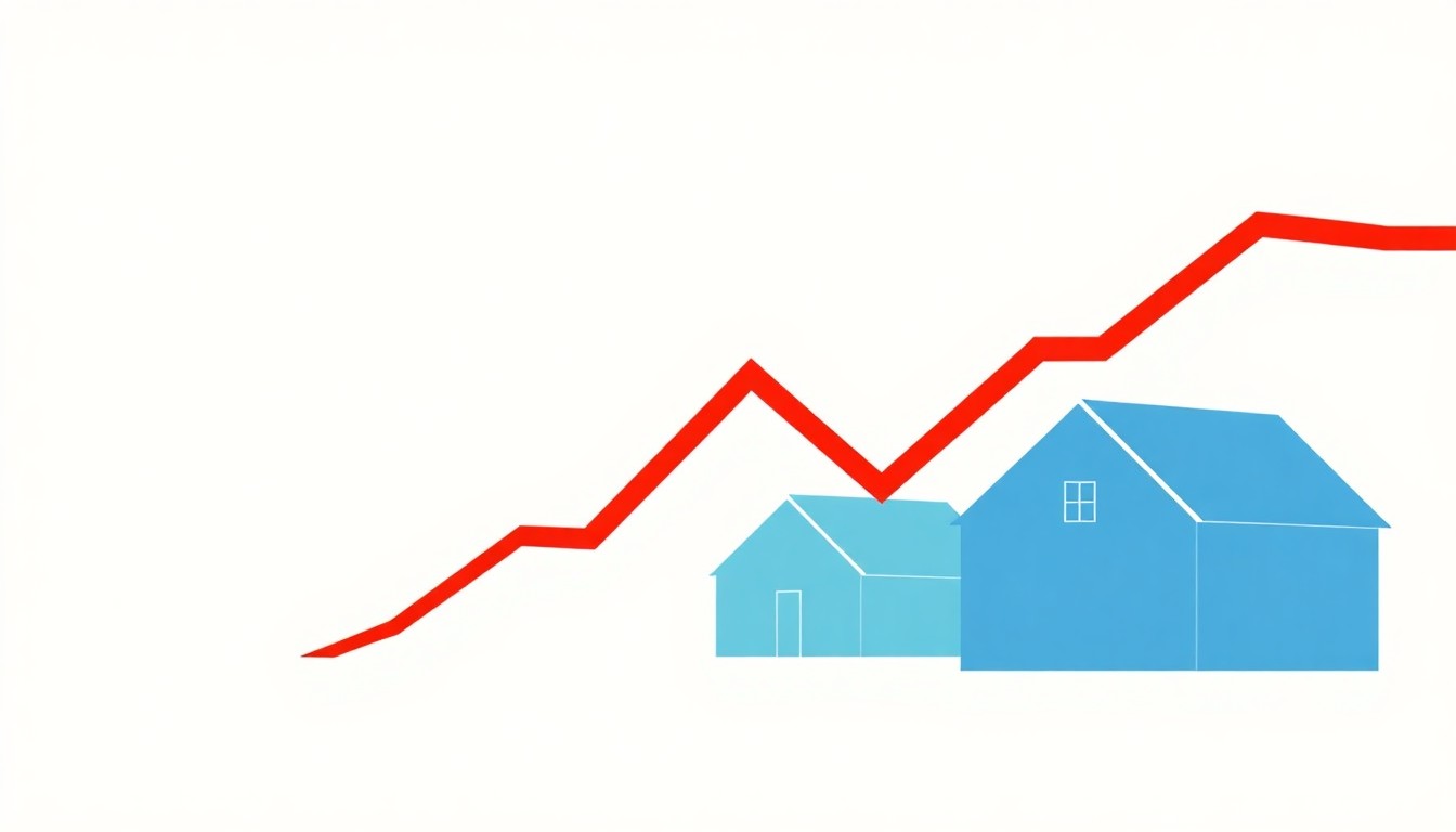An abstract illustration using simple geometric shapes and primary colors to conceptually depict the rapid rise in property taxes in Cook County, Illinois over the past 30 years.