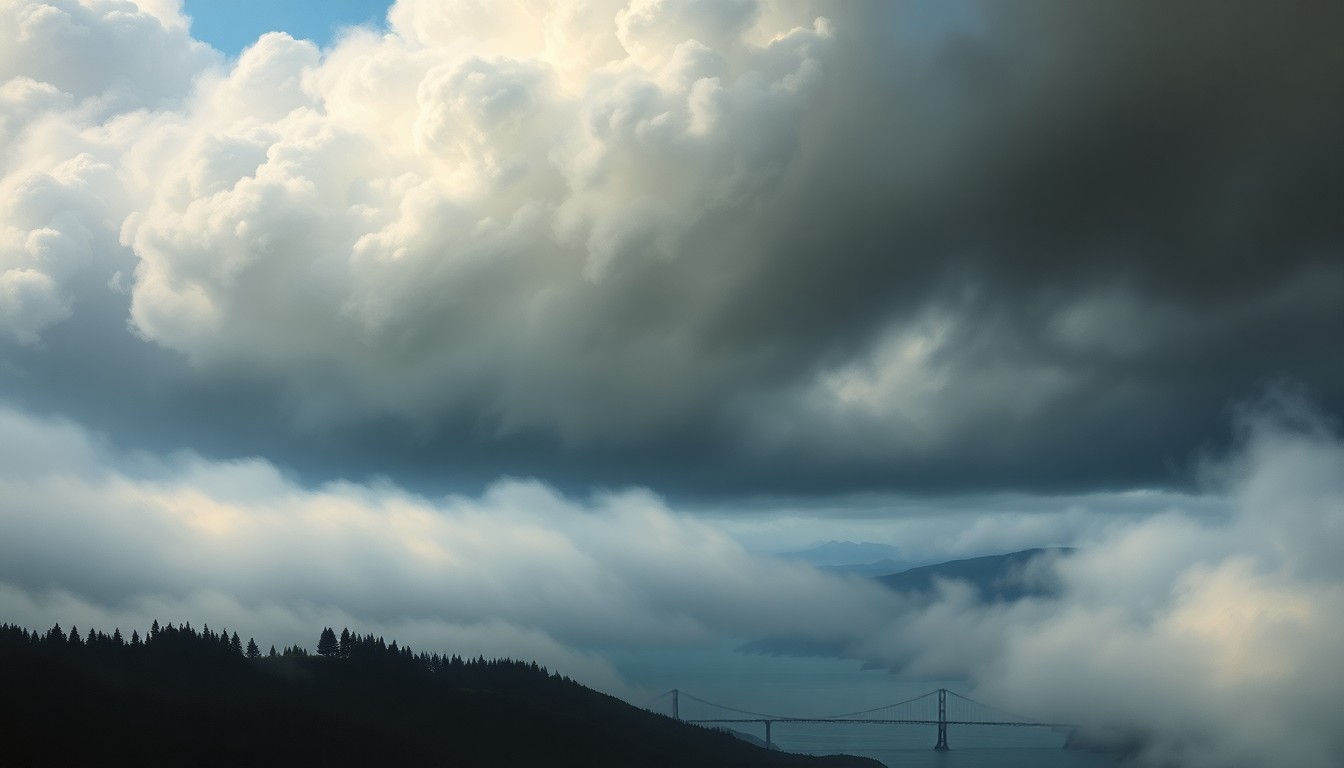 A sweeping, atmospheric landscape painting depicting the Tacoma Narrows Bridge shrouded in thick fog and heavy clouds, with the bridge and its surroundings dwarfed by the overwhelming scale of the natural elements, conveying the sense of the sublime power of the weather.