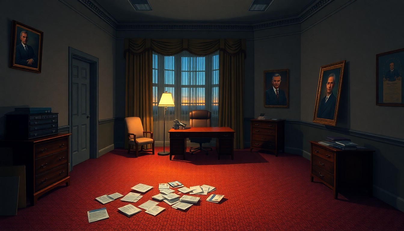 A dimly lit, cinematic government office with a single desk lamp illuminating scattered papers and a framed portrait, conveying a sense of political turmoil and unease.