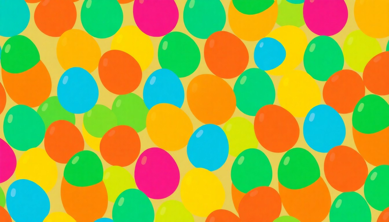 A bold, colorful silkscreen print featuring a single, iconic Easter egg shape repeated in a grid pattern, capturing the playful and inclusive spirit of the weekend's events.