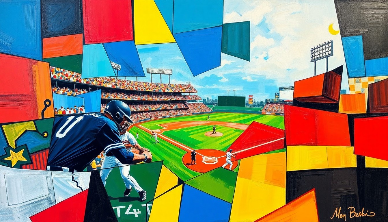 A fragmented, abstract painting depicting a baseball game or action, with sharp geometric shapes and planes in vibrant colors like blue, red, and yellow, creating a dynamic, multi-perspective visual representation of the sport.