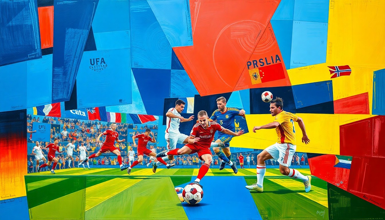 A cubist, geometric painting depicting the action of an international soccer match, with overlapping planes of vibrant colors and shapes representing the players and the movement of the game.