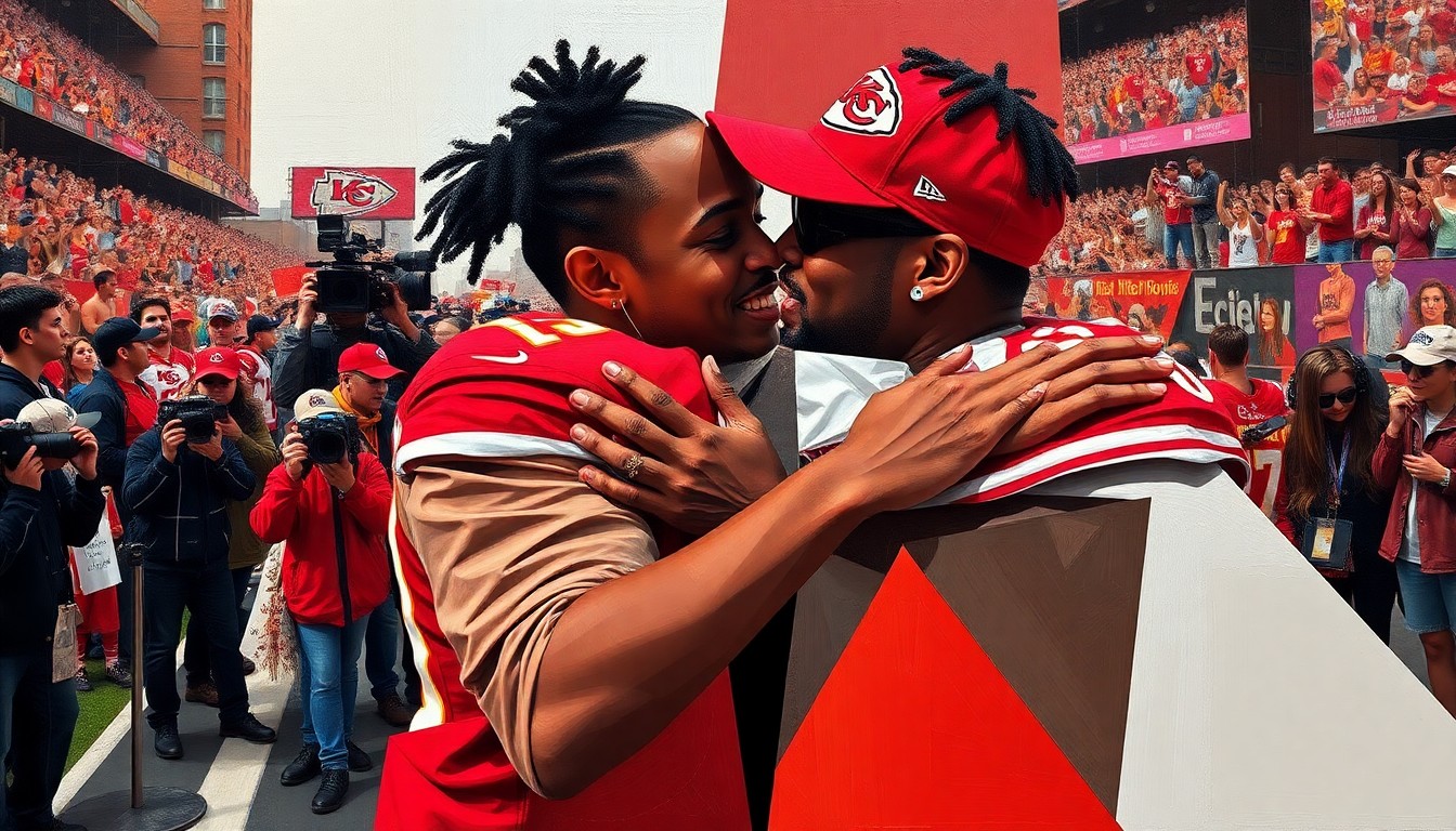 A cubist, geometric painting depicting the scene of Brittany Mahomes hugging Clyde Edwards-Helaire, with the figures and setting broken down into sharp, overlapping planes of color and form.