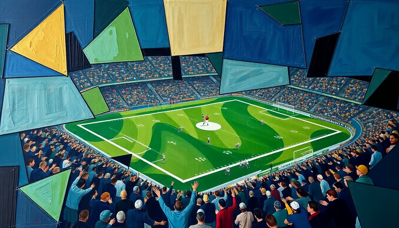 A cubist-style painting depicting a football game broken down into sharp, overlapping geometric shapes in shades of blue, green, and brown, conveying the conceptual idea of inconsistent and fragmented officiating.