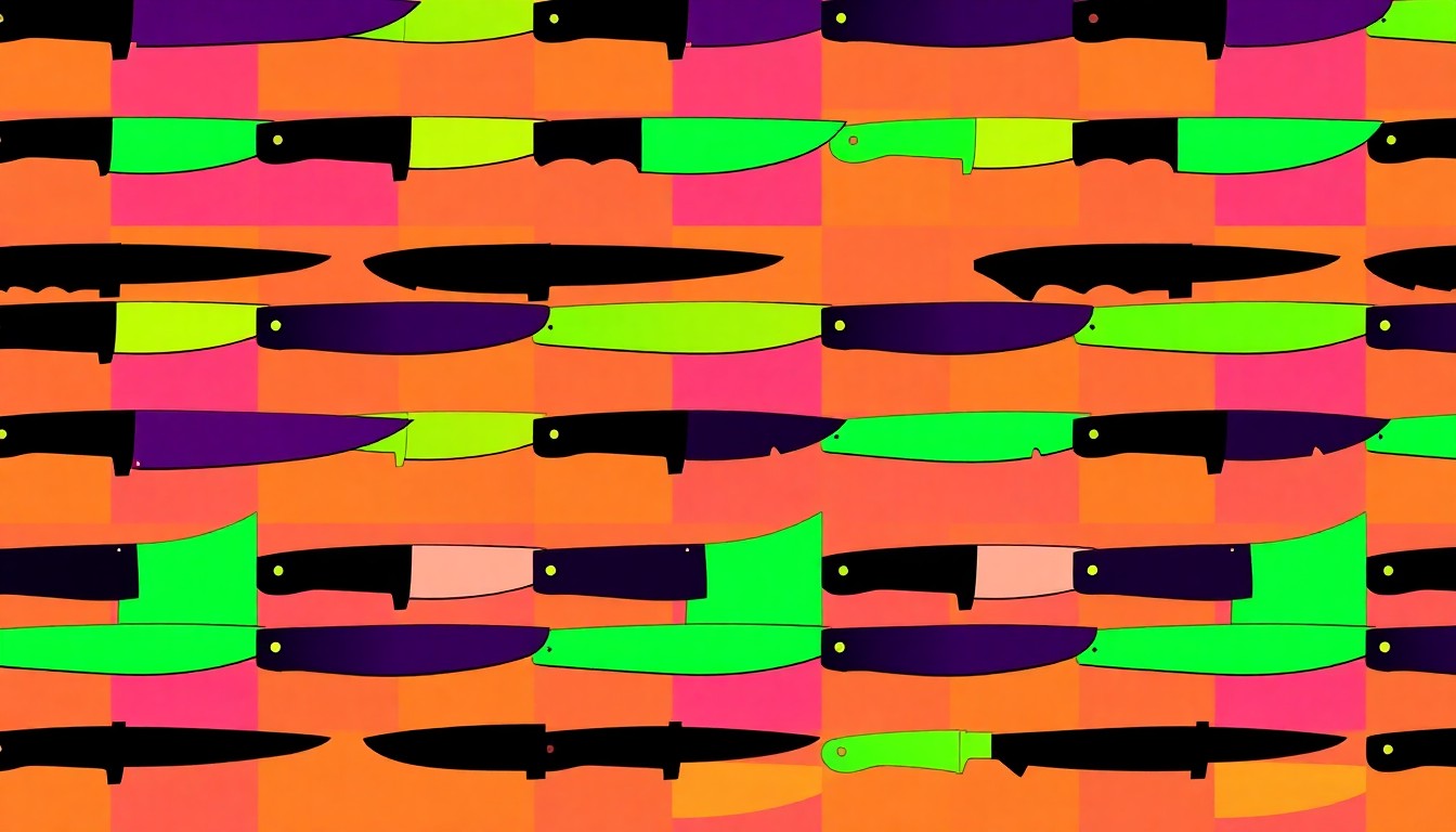 A visually striking grid of brightly colored, high-contrast silkscreen knife shapes, conceptually representing the traditional craft of handmade knife-making.