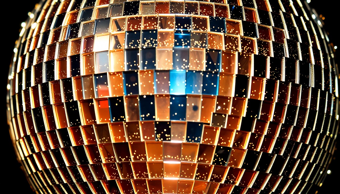 An extreme close-up photograph of a highly reflective, glittering disco ball texture, using dramatic studio lighting to create a glamorous, high-fashion aesthetic that conceptually represents the enduring appeal of Paul McCartney's musical legacy.