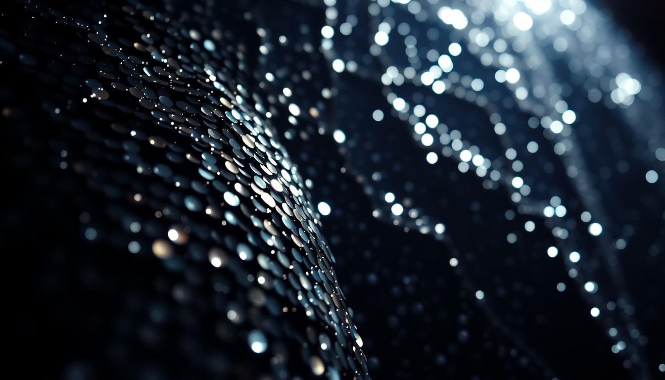 An extreme close-up photograph of shimmering, glittering sequins in dramatic high-contrast studio lighting, conceptually representing the glamour and spectacle of a Las Vegas residency performance.