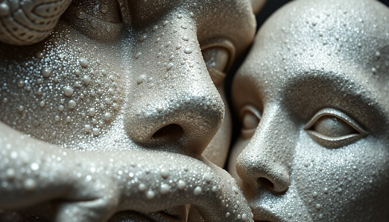 An extreme close-up photograph of highly textured, glittering sculptural surfaces in dramatic lighting, capturing the emotional presence and psychological nuance of Carole A. Feuerman's superrealist works.