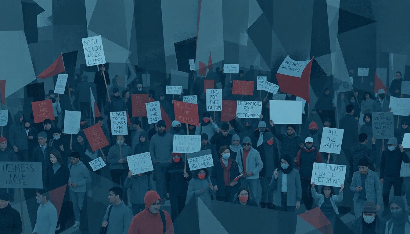 A dynamic, abstract painting of a large crowd of protesters marching, with their figures and signs fractured and repeated in overlapping geometric waves of color, conveying the energy and momentum of the demonstrations.
