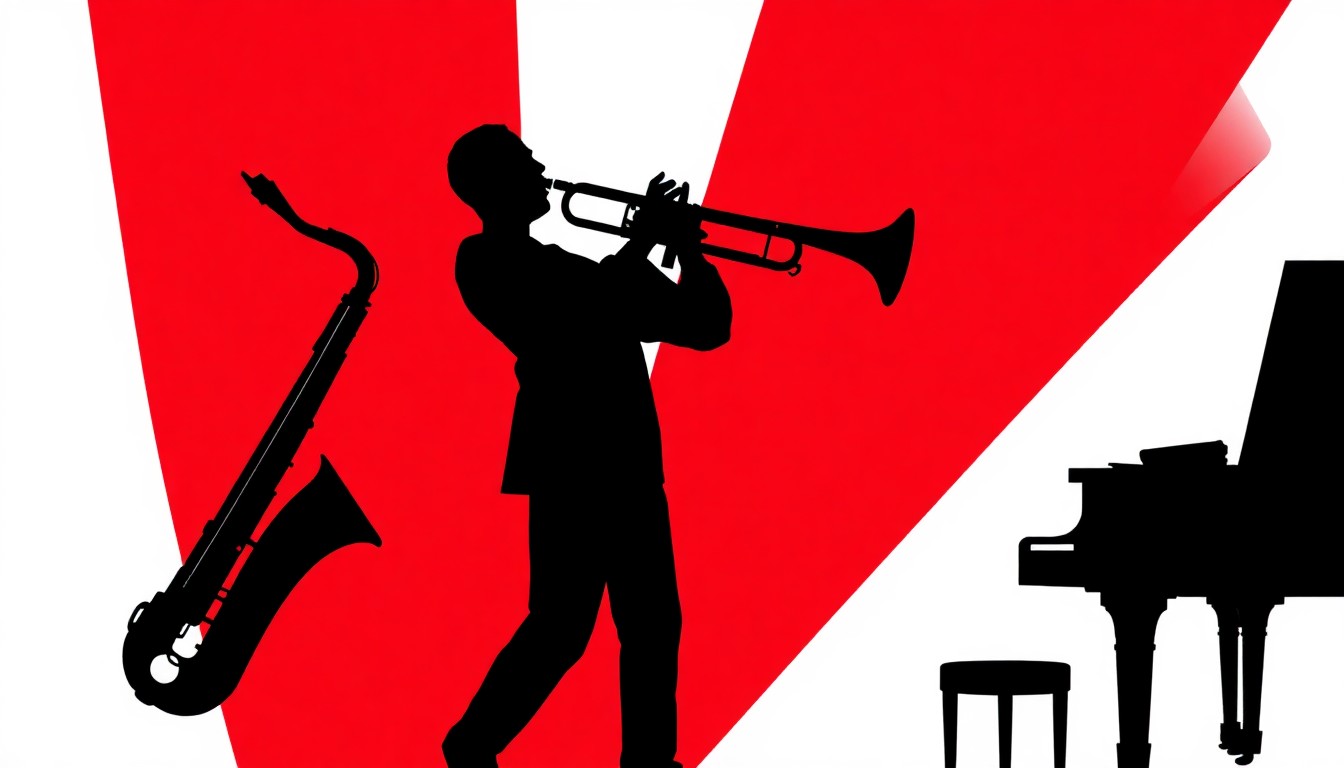 A minimalist, abstract illustration featuring black silhouettes of jazz instruments like a saxophone, trumpet, and piano set against a high-contrast background of deep red and bright white, conveying the vibrant energy of the local jazz scene.