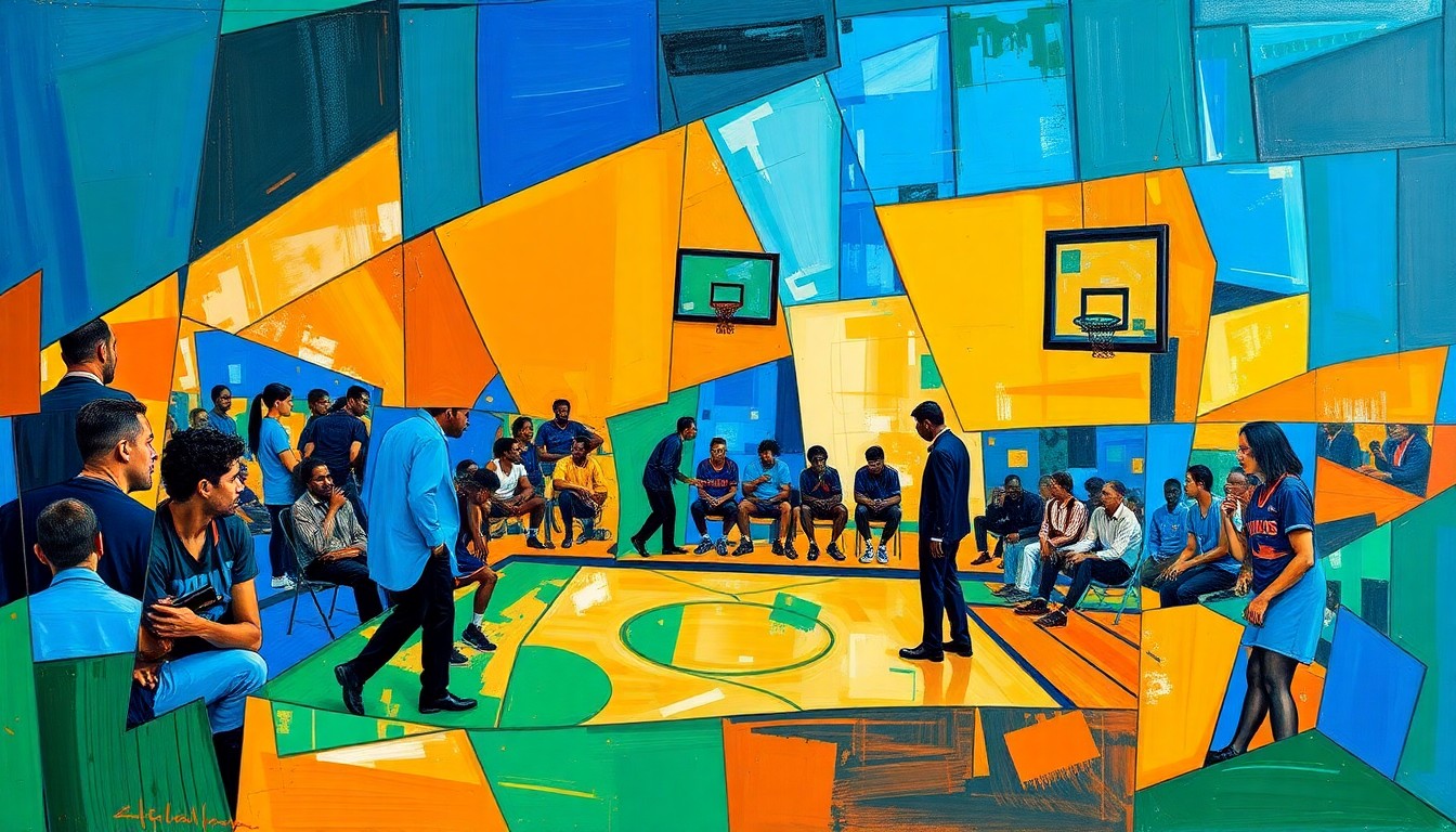 A cubist, geometric painting depicting a fragmented basketball court scene, with overlapping shapes and planes in vibrant colors, conceptually representing the precarious nature of NBA head coaching jobs.