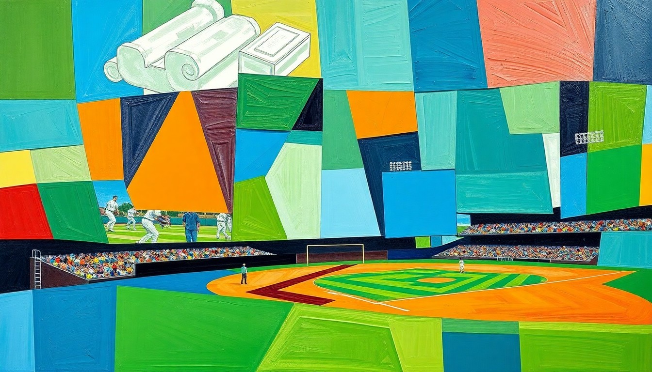 A fragmented, geometric painting depicting the motion and energy of a baseball game, with sharp planes of color and overlapping perspectives.