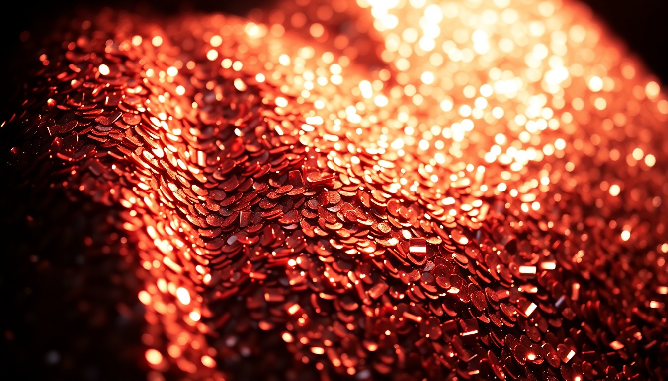 An extreme macro photograph of a shimmering, glittering sequin texture, using dramatic studio lighting to create a high-contrast, glamorous aesthetic that evokes the opulence and timeless appeal of a legendary musician's new album.