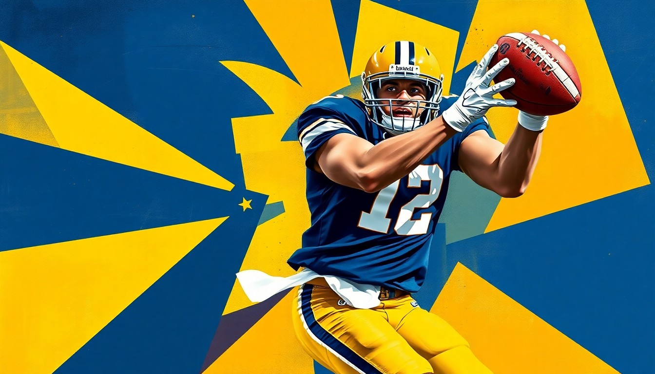 A fragmented, geometric painting in navy blue and gold hues depicting a Notre Dame football player in mid-catch, the action broken down into sharp, overlapping planes.