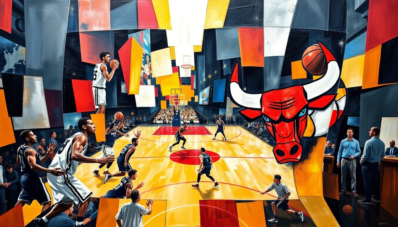 A fractured, cubist-style painting depicting the dynamic action of a basketball game between the San Antonio Spurs and Chicago Bulls, with players' forms broken down into sharp, overlapping geometric shapes and planes in a vibrant color palette, capturing the raw energy and competitive spirit of the matchup.