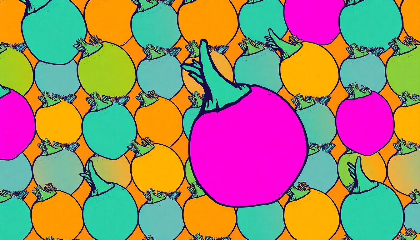 A bold, high-contrast silkscreen illustration featuring multiple repeating images of a single purple ube (yam) in a grid pattern, rendered in a vivid neon color palette reminiscent of Andy Warhol's pop art style.