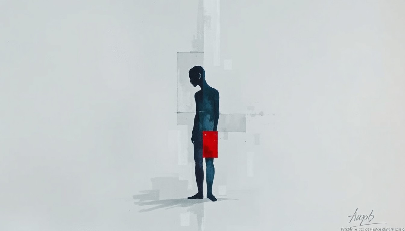 An abstract, fragmented painting in shades of grey, blue, and red depicting a solitary, faceless human figure in a contemplative pose, conveying the political tensions surrounding artistic expression in China.