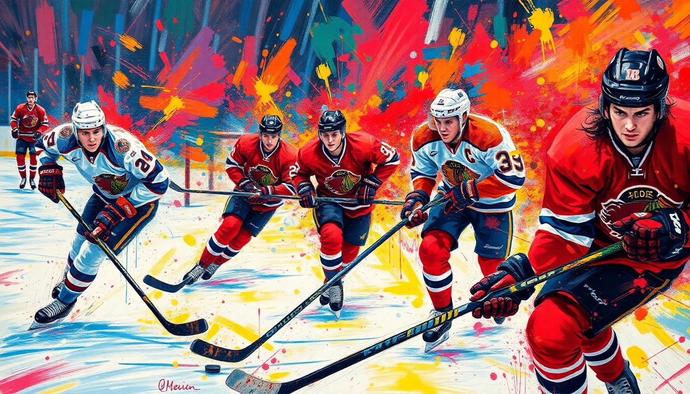 An abstract, expressionist painting featuring bold, neon-colored brushstrokes that capture the dynamic movement and energy of a hockey game, with the players' forms dissolving into vibrant splashes of paint.