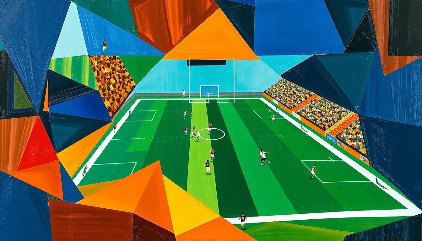 A fragmented, geometric painting depicting the overlapping elements of a football game, rendered in a cubist style with sharp planes of navy, green, and orange.