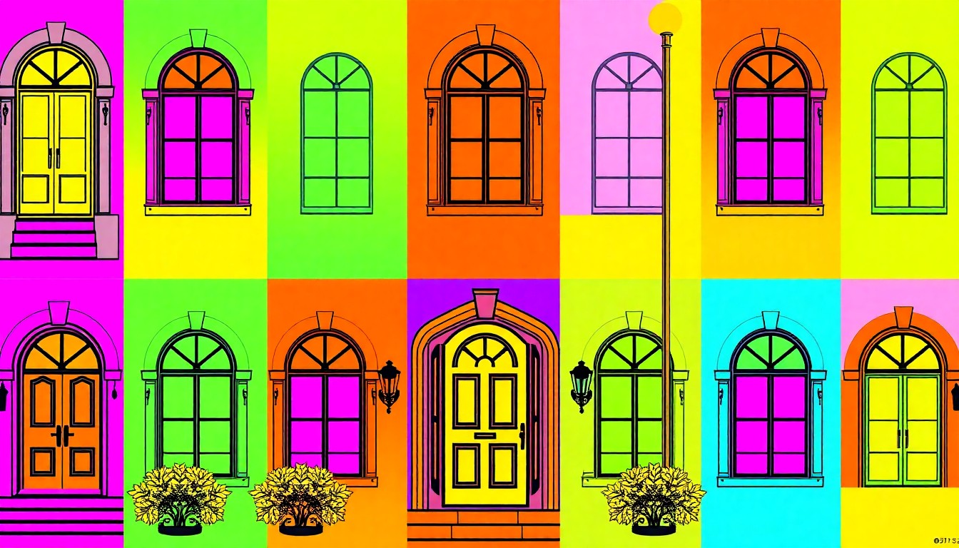 A vibrant, high-contrast silkscreen print featuring a repeating pattern of an ornate front door in shades of neon pink, orange, and blue, conceptually representing the luxurious features of a newly listed custom home.