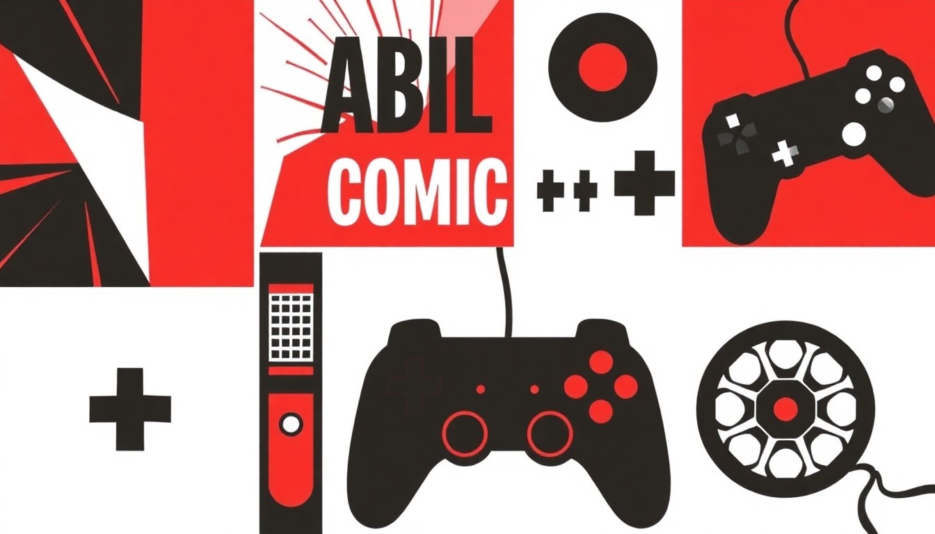 A striking abstract illustration featuring bold, jagged shapes in red, white, and black, representing the diverse range of entertainment media and fan activities found at the Abilene Comic Con event.