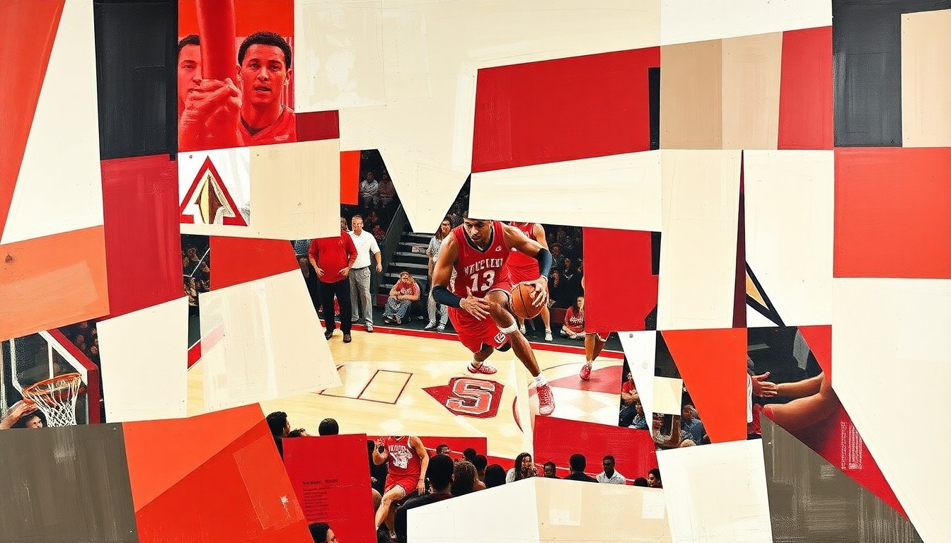 A cubist, geometric painting depicting a basketball game or match, with sharp, overlapping planes of red, white, and neutral tones, conceptually representing the multifaceted nature of college basketball coaching and the next chapter for the NC State Wolfpack.
