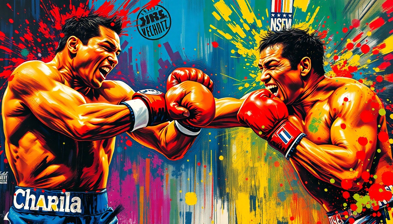 An abstract, expressionist painting in vibrant neon colors depicting the powerful movements and energy of a heavyweight boxing match, with faces and details dissolving into bold, gestural brushstrokes.