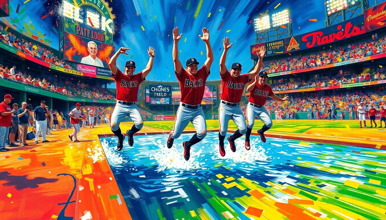 An abstract, energetic painting featuring bold, neon-colored brushstrokes that capture the dynamic movement and excitement of baseball players jumping into a swimming pool, representing the Diamondbacks' celebratory tradition.