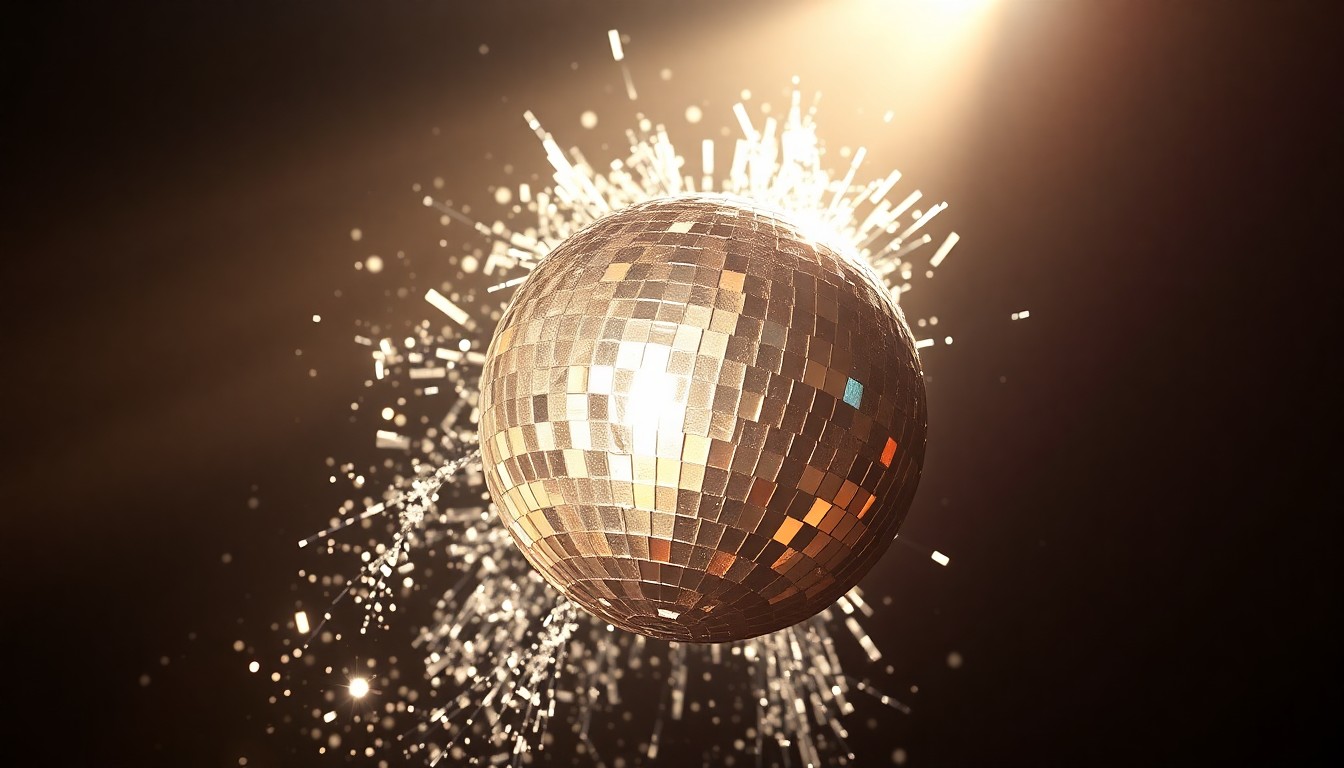 An extreme close-up of a shattered disco ball reflecting shards of light, capturing the glitz and glamour of rock star culture in an abstract, high-contrast studio photograph.