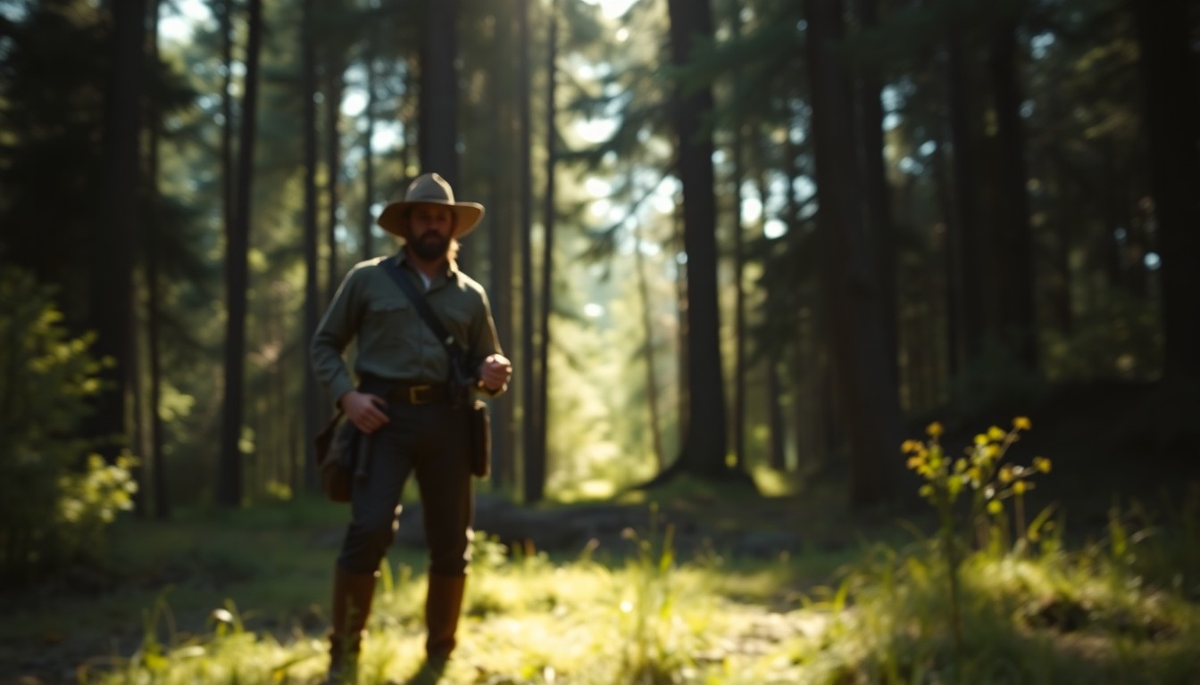 An abstract, out-of-focus photograph in warm tones, depicting a silhouetted figure in historical clothing standing in a sunlit forest clearing, conveying a sense of nostalgia and connection to nature.