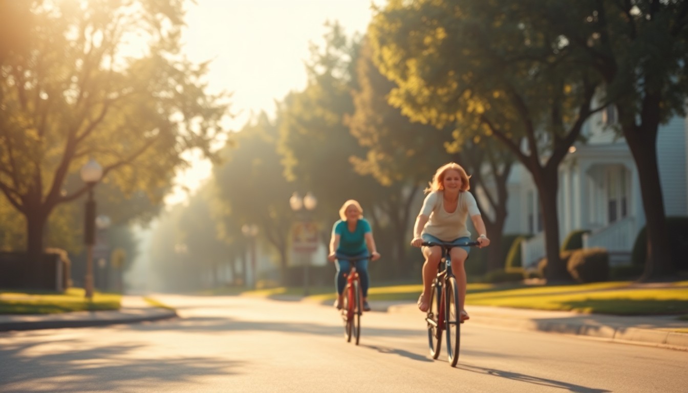 An extremely abstracted, out-of-focus photograph in soft pools of warm color and light, depicting the silhouette of a cyclist riding through a tree-lined neighborhood, conceptually representing the active and community-focused life of Marjorie Eileen Streur.