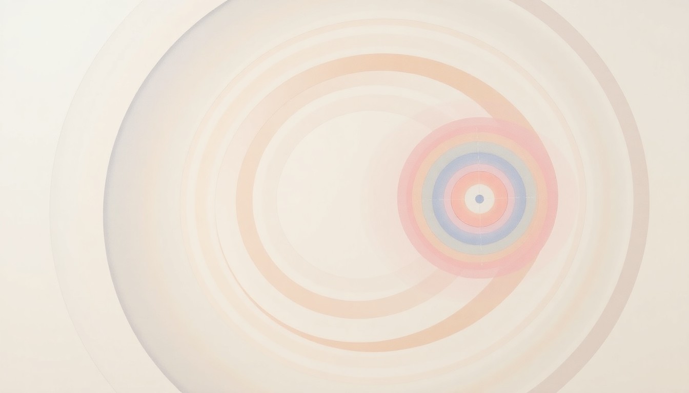 A highly textured, abstract painting in soft pastel colors featuring sweeping geometric shapes, concentric circles, and precise botanical spirals, conceptually representing the complex scientific forces and potential of in vivo cell engineering technologies.