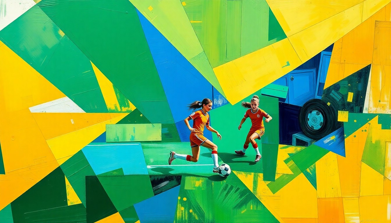 A fragmented, geometric painting depicting the motion and intensity of a girls soccer game, with overlapping planes of green, blue, and yellow hues.