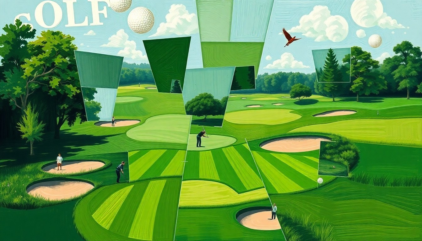 A fragmented, multi-angled painting depicting the dynamic motion and competition of a high school golf match, with overlapping geometric shapes representing the fairways, sand traps, and flying golf balls.