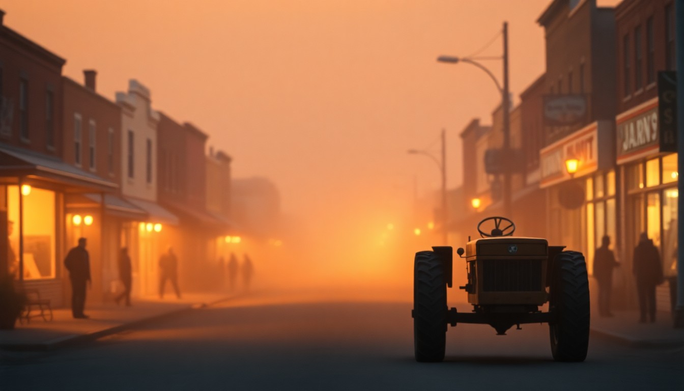 A soft, hazy scene of a small-town main street, with blurred silhouettes of people and buildings in the background, and a single, iconic piece of farm equipment in the foreground, glowing with warm, diffused light.