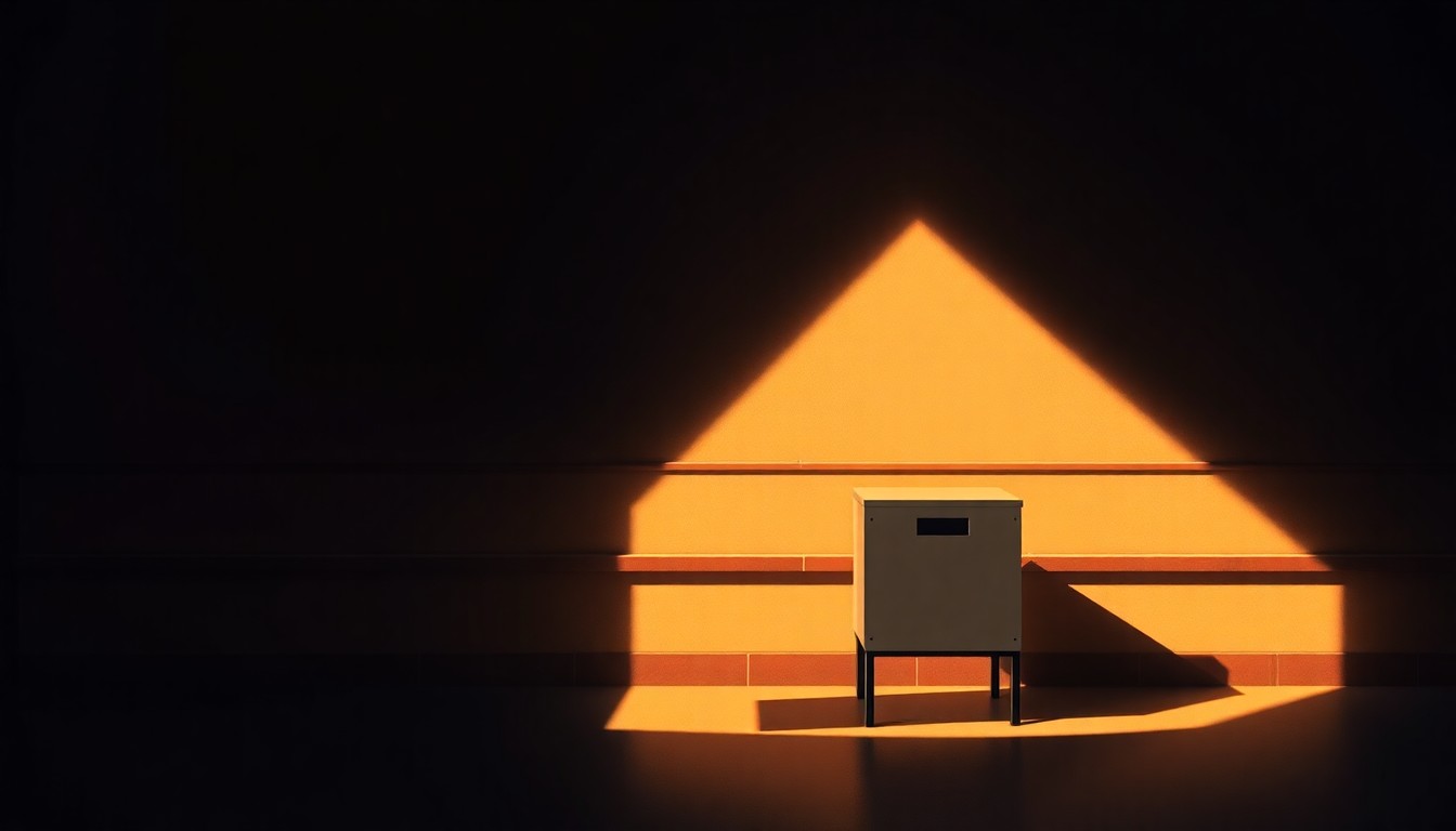 A serene, photorealistic painting of a lone ballot box sitting in a sunlit room, casting long shadows across the floor, conveying the solemnity and importance of the democratic process.
