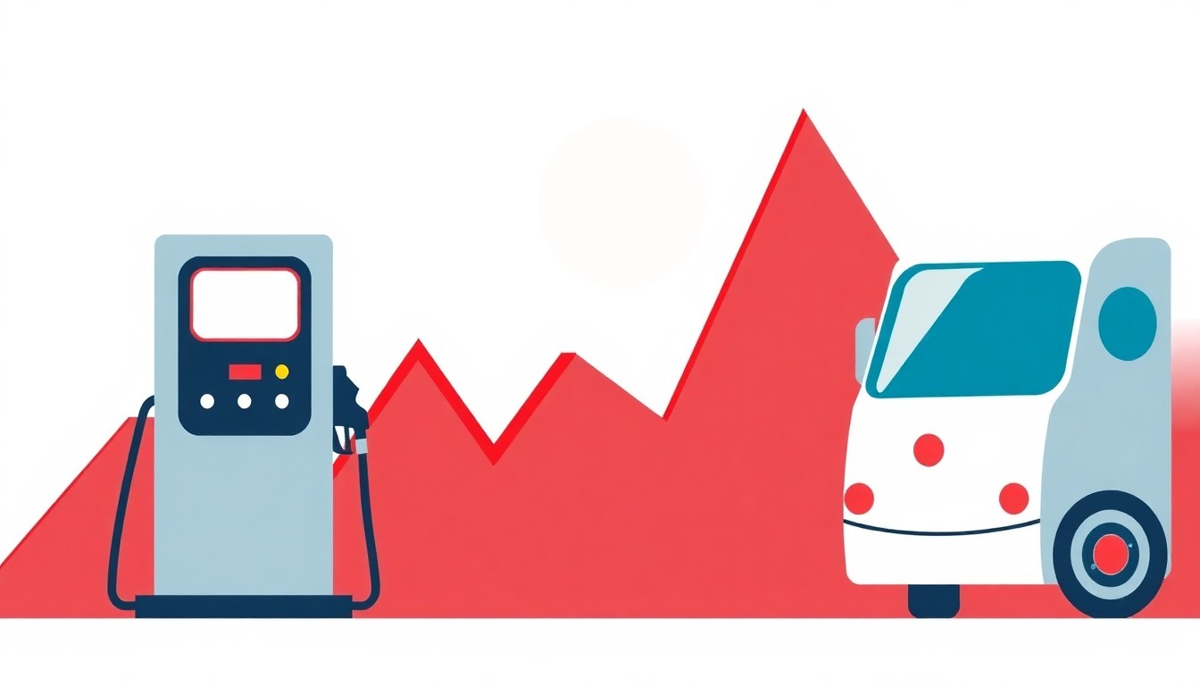 A minimalist abstract illustration using bold geometric shapes and primary colors to conceptually represent rising gasoline and diesel prices as an economic trend.
