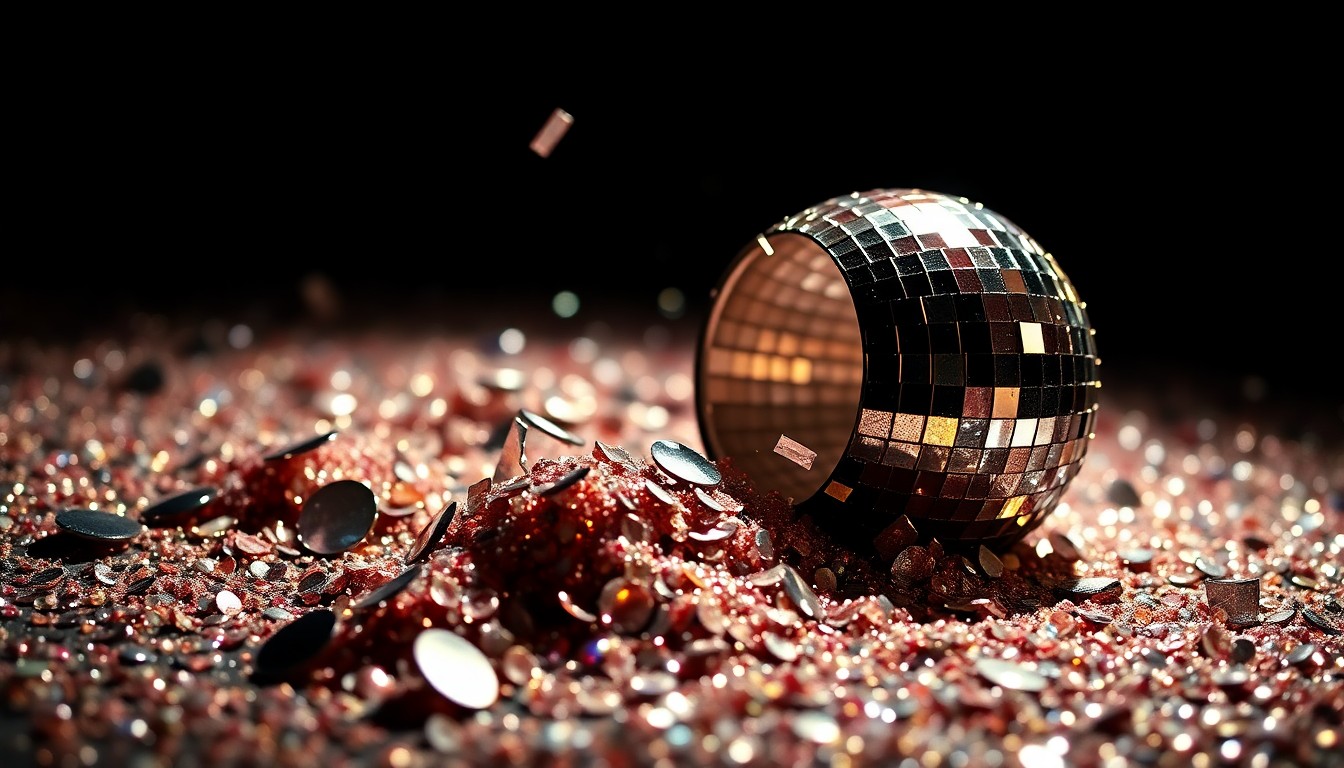 An extreme close-up photograph showing a dazzling array of glittering sequins and shattered glass fragments, capturing the glamorous and high-energy atmosphere of a Paul McCartney performance.