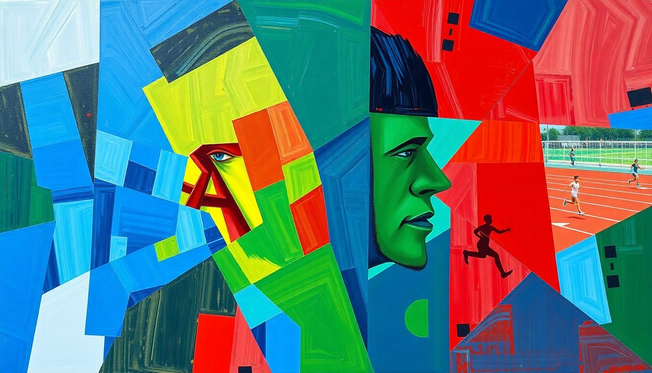 A cubist, geometric painting in vibrant blue, green, and red hues, depicting the dynamic movements and competition of a high school track and field meet.