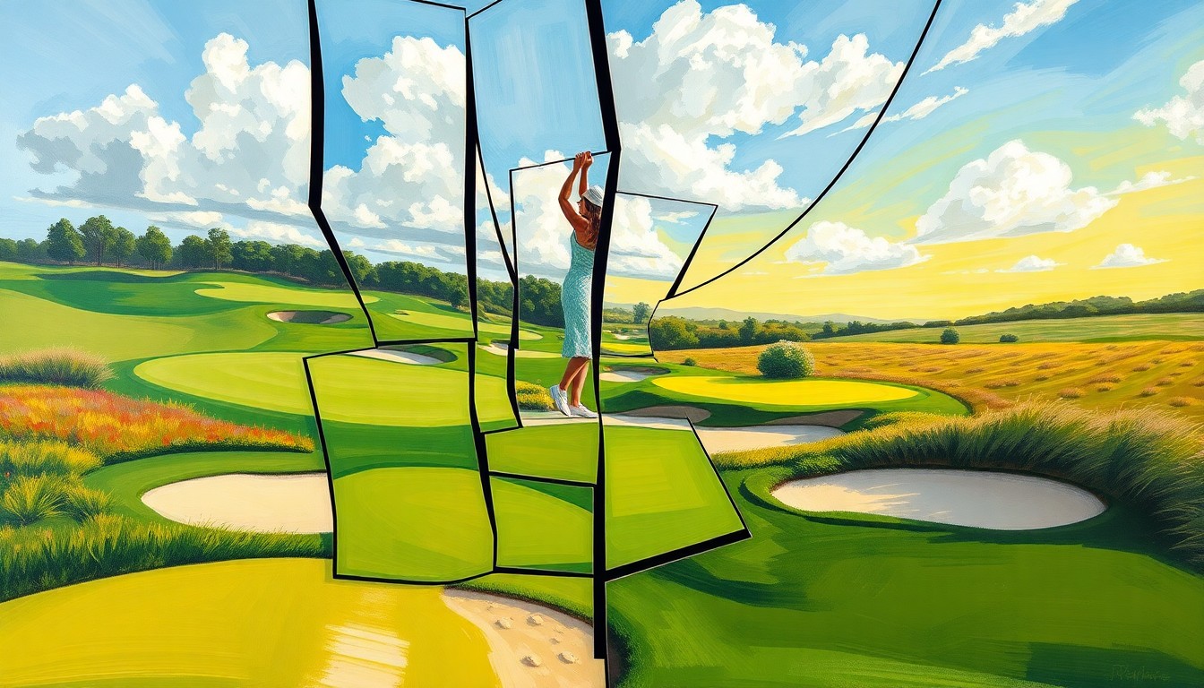 A fragmented, geometric painting depicting the various elements of a women's golf tournament, including fairways, sand traps, and swinging golf clubs, rendered in Picasso's distinctive cubist style.