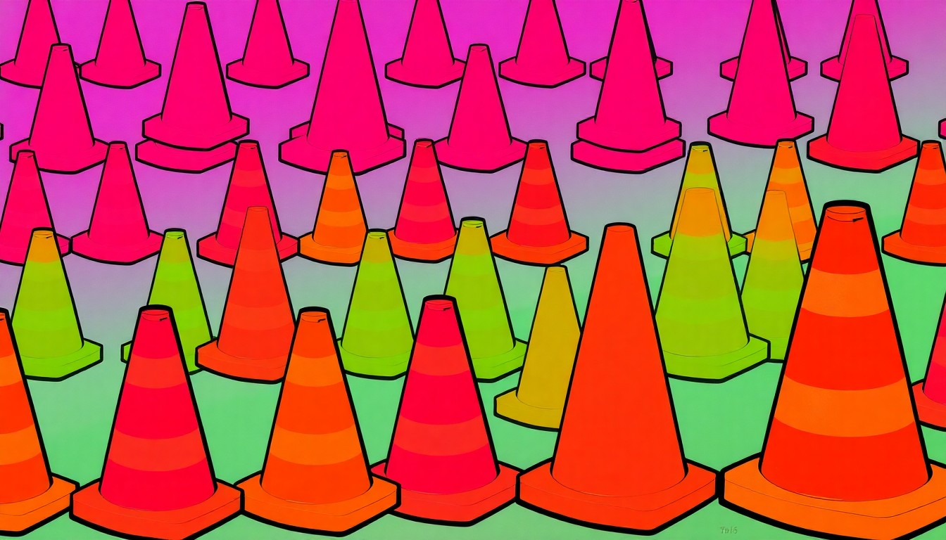 A brightly colored, high-contrast silkscreen print of a single, iconic orange road construction cone repeated in a tight grid pattern, capturing the vibrant energy and progress of the Champlain Parkway project in a modern pop art style.