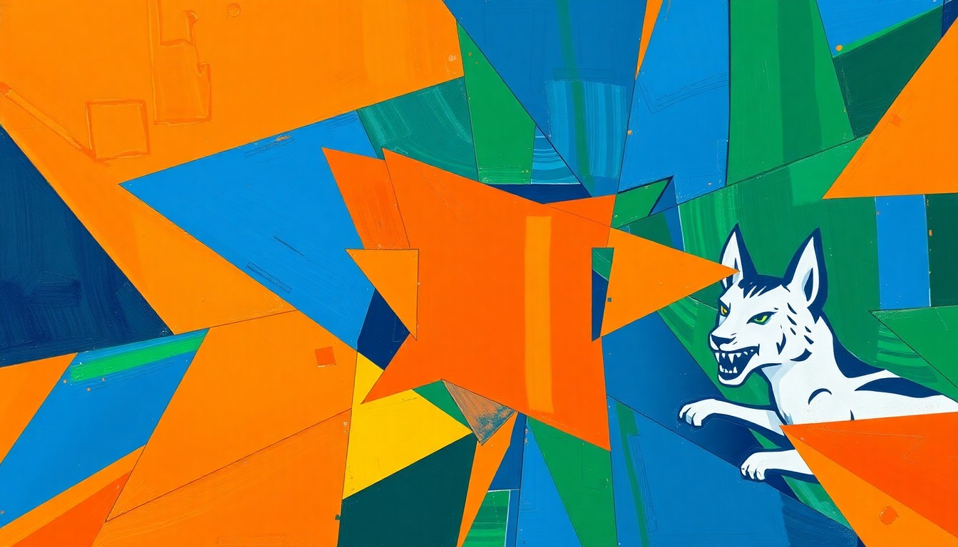 A cubist, geometric painting depicting a basketball game in progress, with the court and players broken down into sharp, overlapping planes of vibrant orange, blue, and green colors.