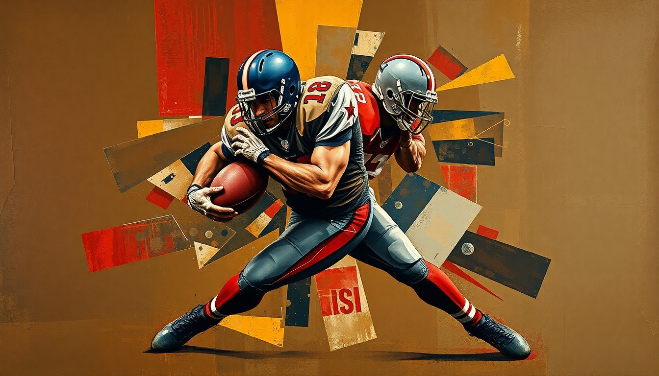 A fractured, multi-perspective painting depicting a football player in mid-sack motion, broken down into sharp, overlapping geometric planes in a palette of dark browns, deep reds, and metallic grays, capturing the raw power and energy of the player's movements.